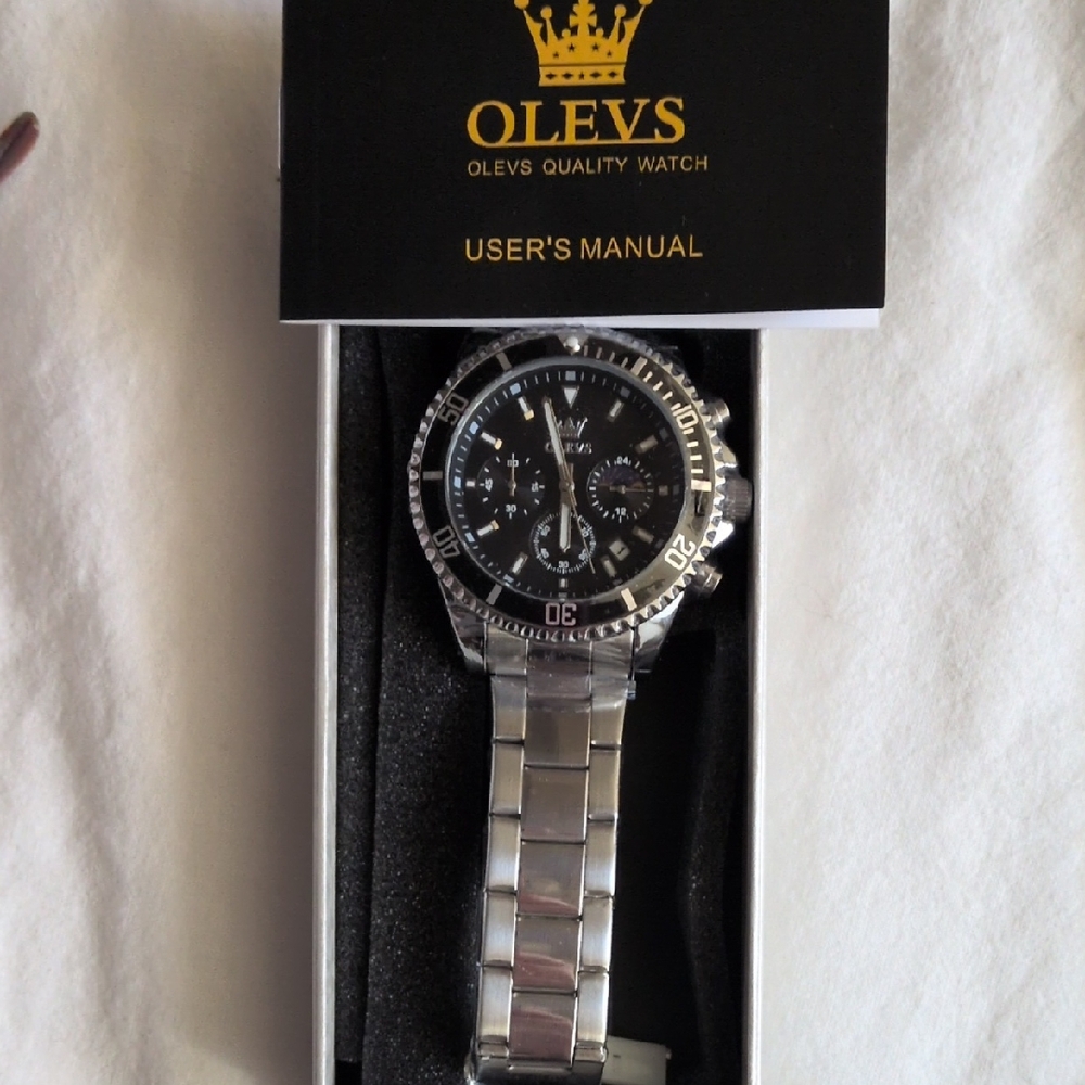 OLEVS Men's Silver Stainless Steel Watch with Black Dial